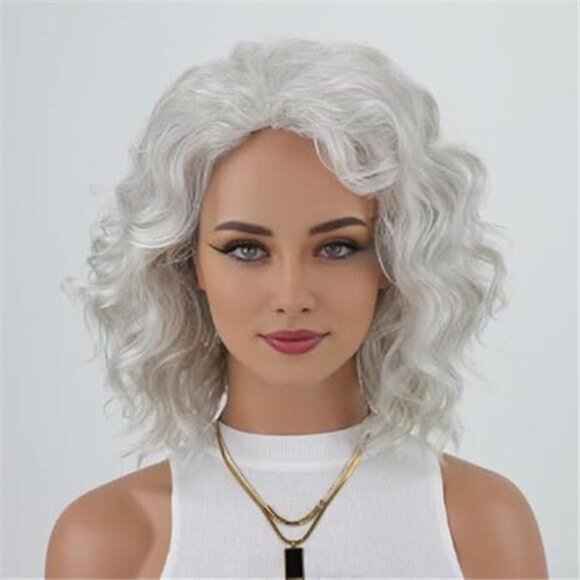 Gray White Wavy Bob Wigs for Women Layered Mid-length Wave Curly Bob